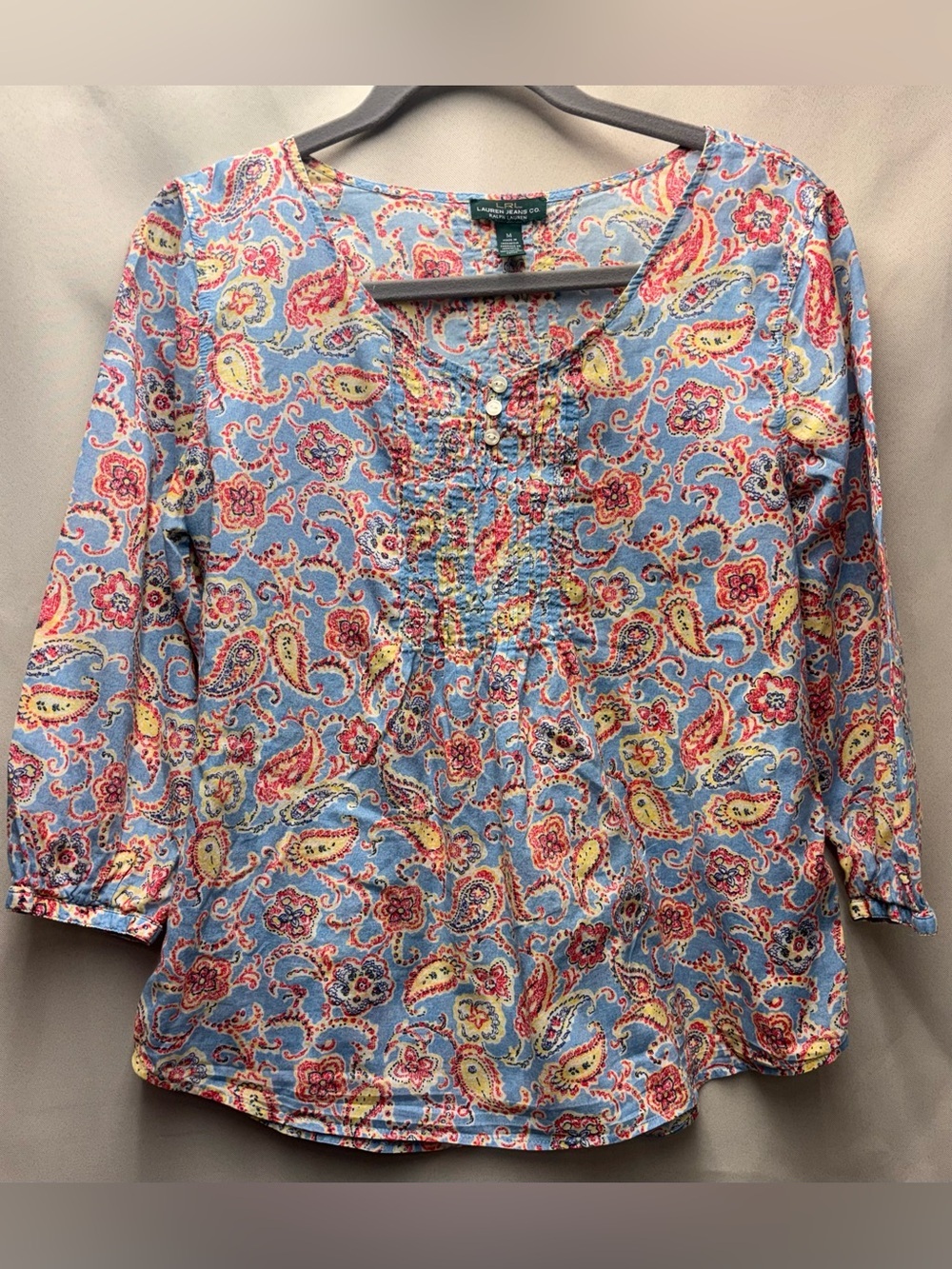 Lauren Ralph Blue Orange Paisley Print 3/4 sleeve Cotton Blouse Medium
